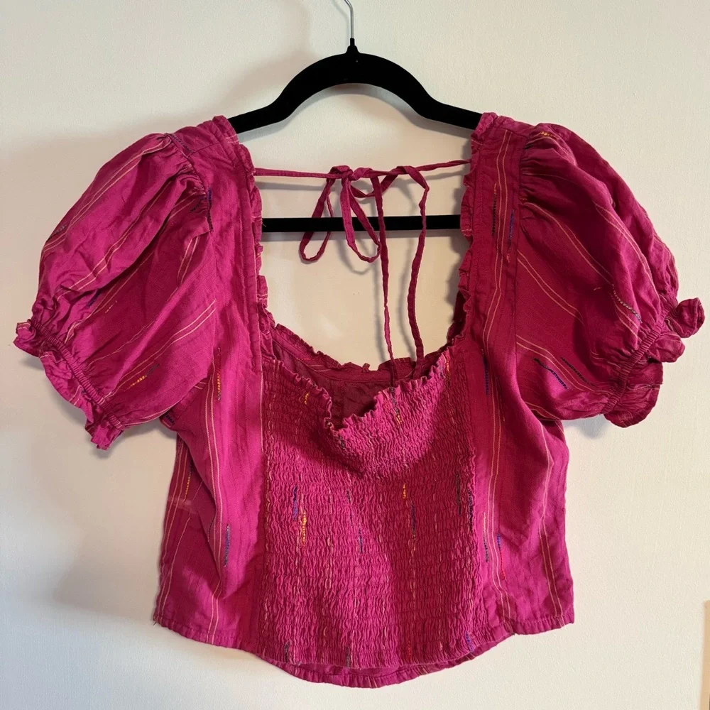 Free People Women’s Pink Seratonin Corset Puff Sleeve Top Size Medium